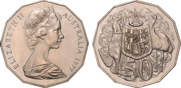 Fifty Cents 1977 coat-of-arms reverse instead of the normal silver jubilee reverse (weight 15.41gms)